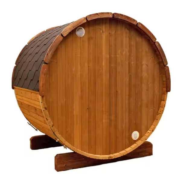 Outdoor Barrel Sauna Built for Wellness Retreats, Cedar Wood Construction, 6-Person Capacity, LED Lighting