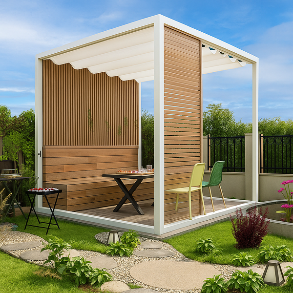 Outdoor Pergola Built for Modern Terraces, Retractable Wave Canopy, Privacy Slats, Marine-Grade Materials