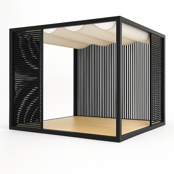 Outdoor Pergola Built for Modern Terraces, Retractable Wave Canopy, Privacy Slats, Marine-Grade Materials