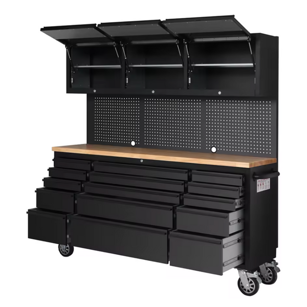 Tool Chest Workstation Built to Organize Garages, Soft-Close Drawers, Integrated Power, Solid Rubberwood Top