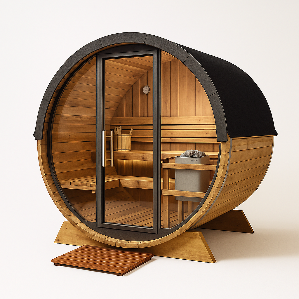 Outdoor Barrel Sauna Built for Wellness Retreats, Cedar Wood Construction, 6-Person Capacity, LED Lighting