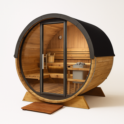 Outdoor Barrel Sauna Built for Wellness Retreats, Cedar Wood Construction, 6-Person Capacity, LED Lighting