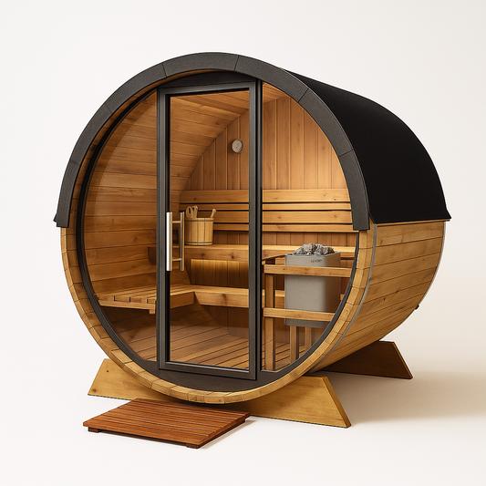 Outdoor Barrel Sauna Built for Wellness Retreats, Cedar Wood Construction, 6-Person Capacity, LED Lighting