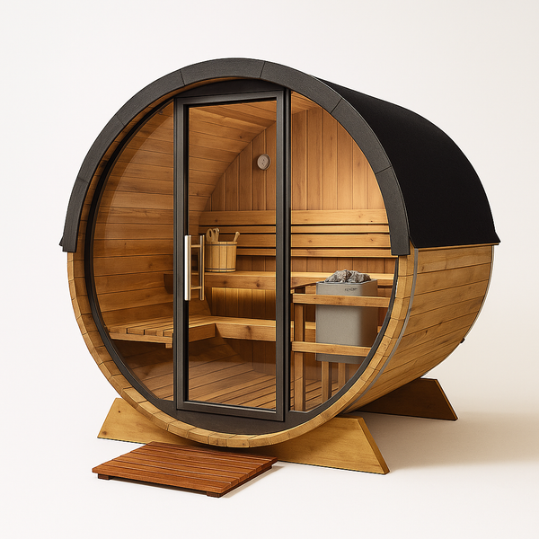 Outdoor Barrel Sauna Built for Wellness Retreats, Cedar Wood Construction, 6-Person Capacity, LED Lighting