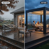 Glass Pavilion Pergola Designed for Year-Round Living, Panoramic Sliding Walls, Insulated Roof, Integrated LED — Before & After
