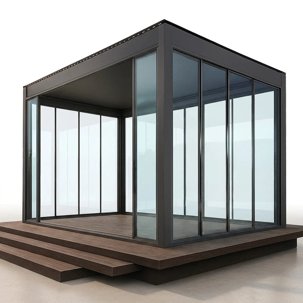 Glass Pavilion Pergola Designed for Year-Round Living, Panoramic Sliding Walls, Insulated Roof, Integrated LED — Studio Shot