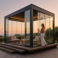 Glass Pavilion Pergola Designed for Year-Round Living, Panoramic Sliding Walls, Insulated Roof, Integrated LED — Lifestyle